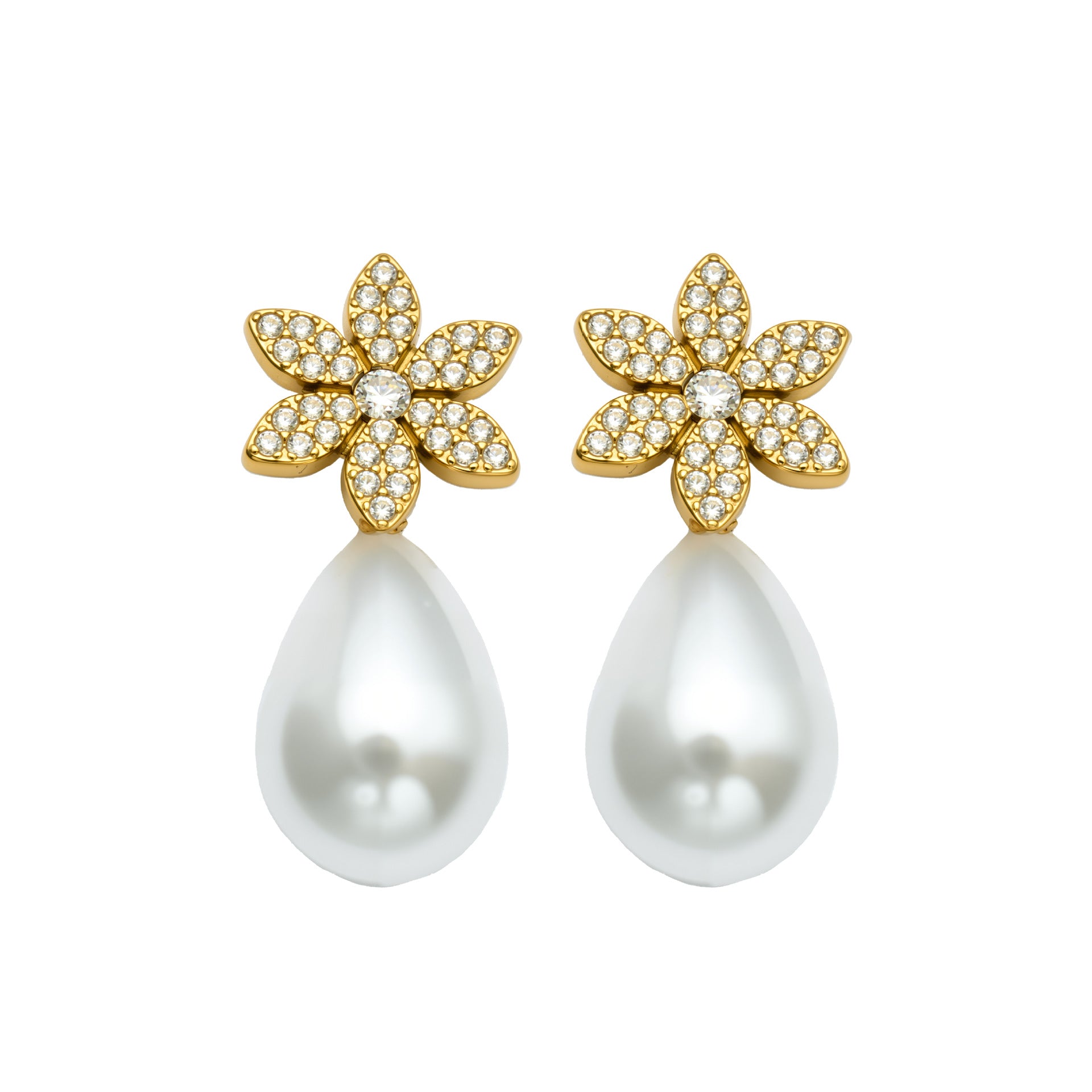 316L Stainless Steel 18K Gold PVD Floral Faux Pearl Zircon Earrings - Floral Gold Faux Pearl Zircon Earrings Wholesale Stainless Steel Jewelry - Sensitive Skin Friendly - Detail 10