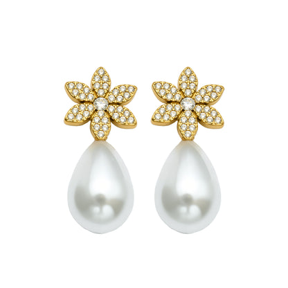 316L Stainless Steel 18K Gold PVD Floral Faux Pearl Zircon Earrings - Floral Gold Faux Pearl Zircon Earrings Wholesale Stainless Steel Jewelry - Sensitive Skin Friendly - Detail 10