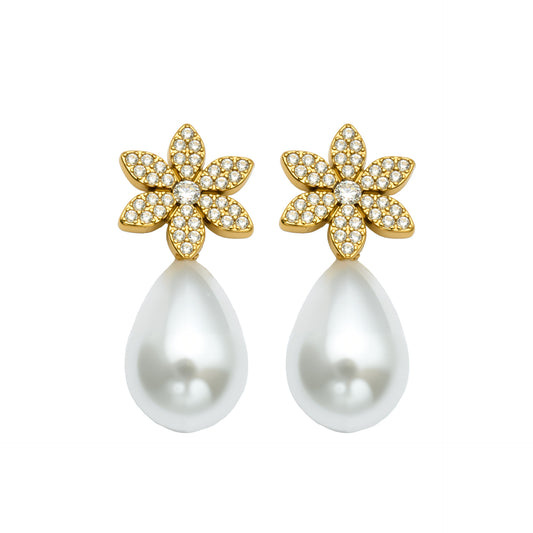 316L Stainless Steel 18K Gold PVD Floral Faux Pearl Zircon Earrings - Floral Gold Faux Pearl Zircon Earrings Wholesale Stainless Steel Jewelry - Sensitive Skin Friendly - Detail 10