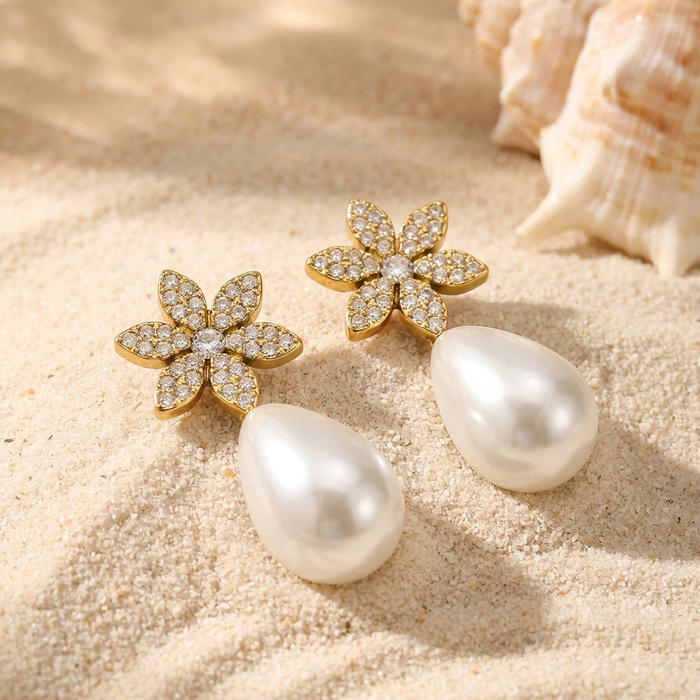 316L Stainless Steel 18K Gold PVD Floral Faux Pearl Zircon Earrings - Floral Gold Faux Pearl Zircon Earrings Wholesale Stainless Steel Jewelry - Sensitive Skin Friendly - Detail 11