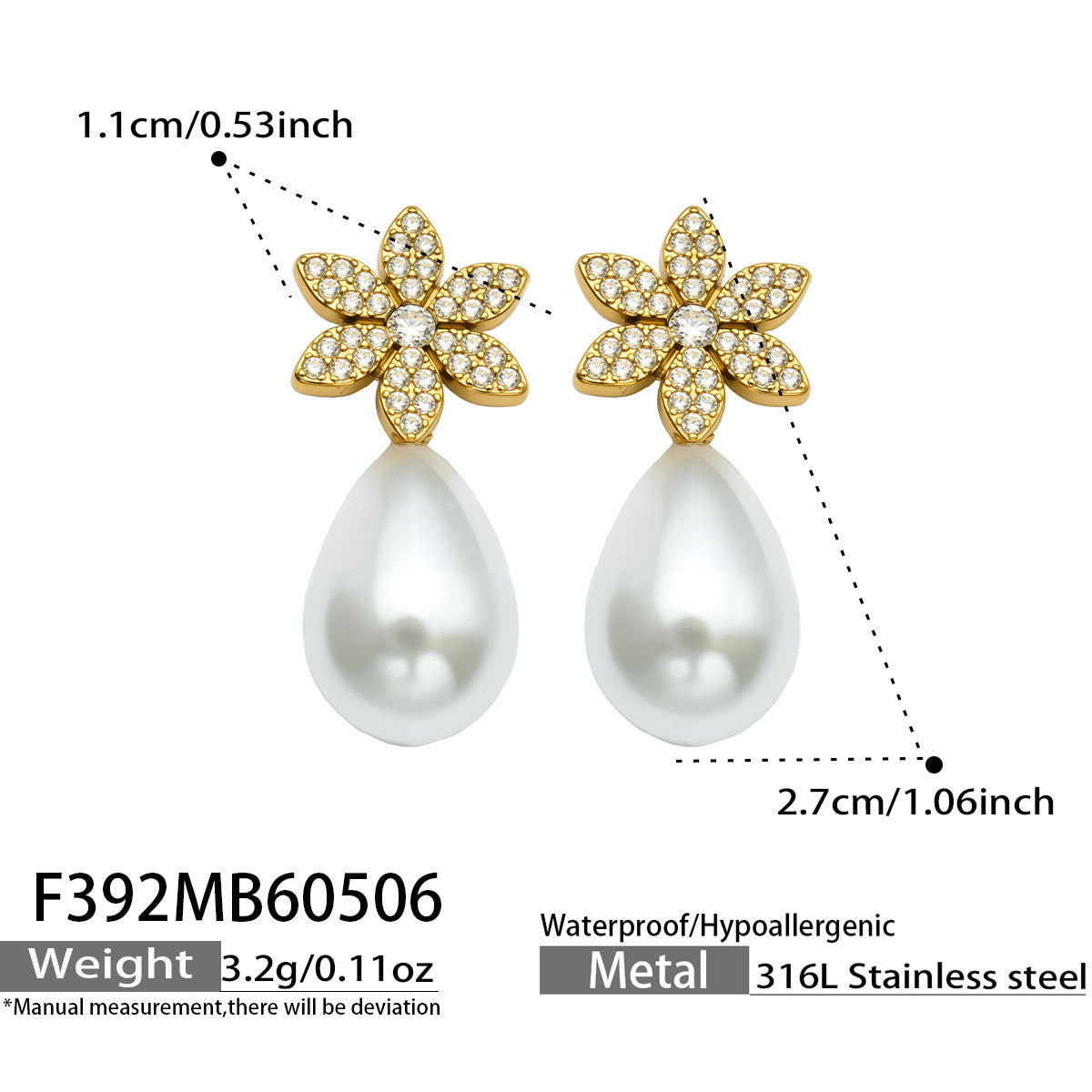 316L Stainless Steel 18K Gold PVD Floral Faux Pearl Zircon Earrings - Floral Gold Faux Pearl Zircon Earrings Wholesale Stainless Steel Jewelry - Sensitive Skin Friendly - Detail 12