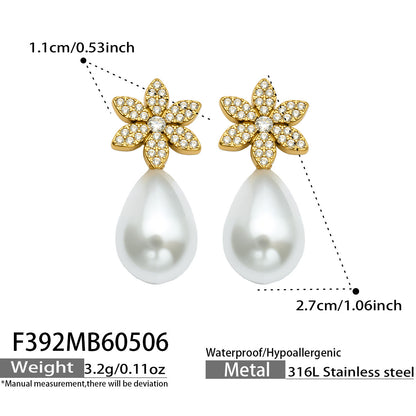 316L Stainless Steel 18K Gold PVD Floral Faux Pearl Zircon Earrings - Floral Gold Faux Pearl Zircon Earrings Wholesale Stainless Steel Jewelry - Sensitive Skin Friendly - Detail 12