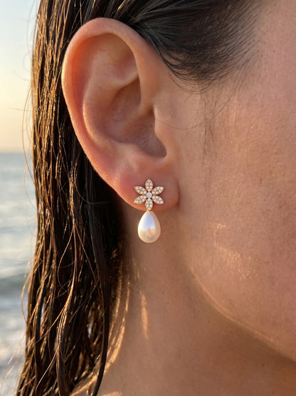 316L Stainless Steel 18K Gold PVD Floral Faux Pearl Zircon Earrings - Floral Gold Faux Pearl Zircon Earrings Wholesale Stainless Steel Jewelry - Sensitive Skin Friendly - Detail 5