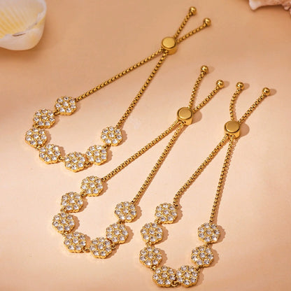 316L Stainless Steel 18K Gold PVD Floral Pull Bracelet - Floral Design, Zircon, Elegant Wholesale Stainless Steel Jewelry - Sensitive Skin Friendly - Detail 4