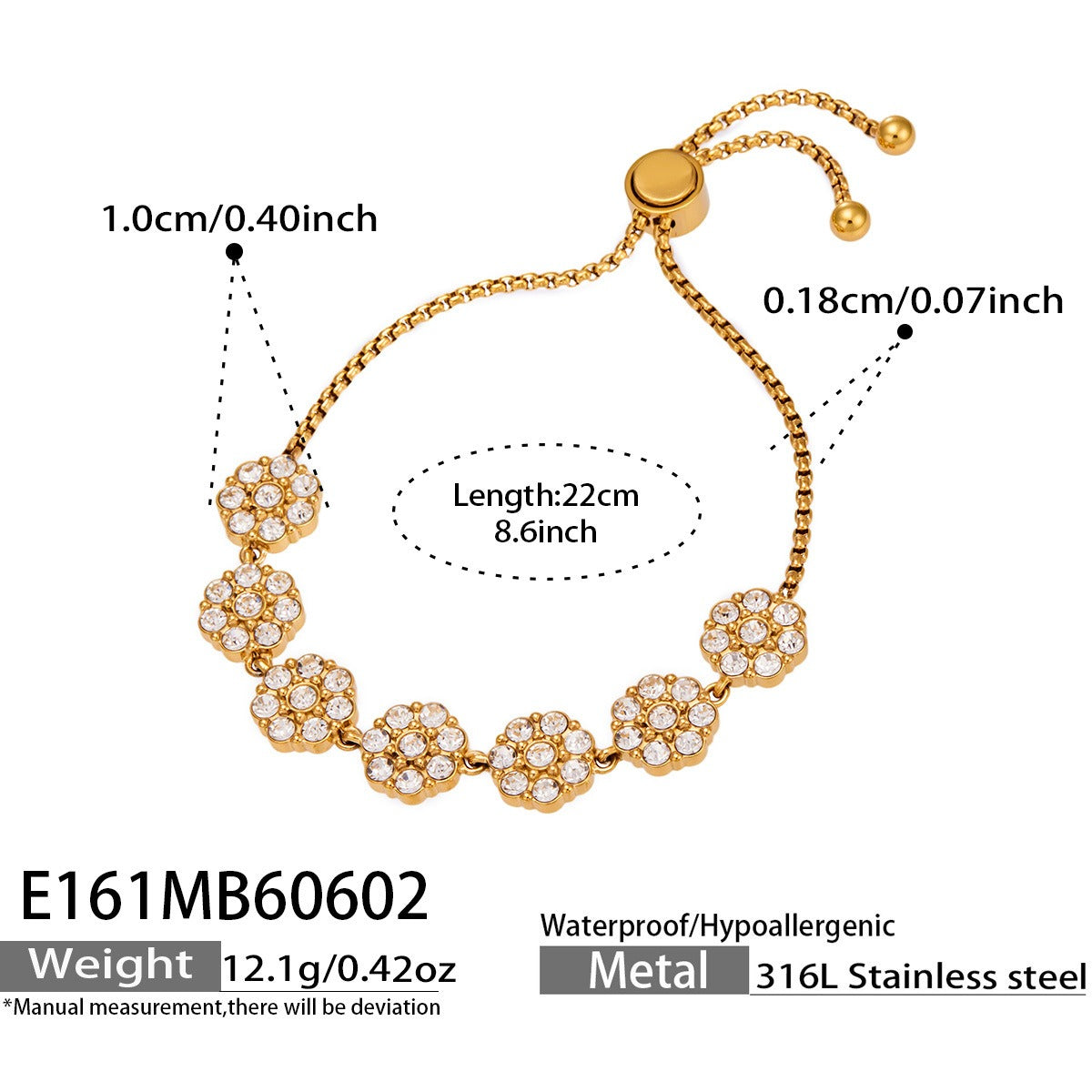316L Stainless Steel 18K Gold PVD Floral Pull Bracelet - Floral Design, Zircon, Elegant Wholesale Stainless Steel Jewelry - Sensitive Skin Friendly - Detail 7