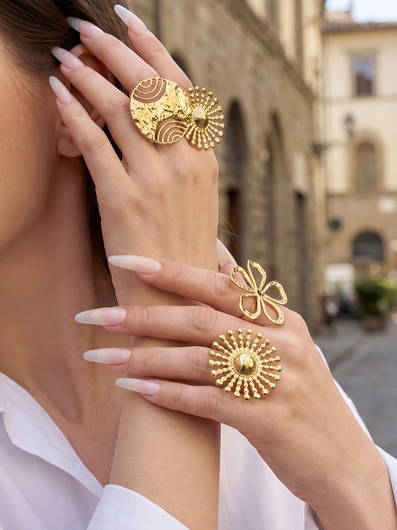 316L Stainless Steel 18K Gold PVD Floral Sunburst Adjustable Open Ring - Floral Sunburst Open Ring Wholesale Stainless Steel Jewelry - Sensitive Skin Friendly - Detail 10