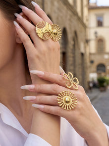 316L Stainless Steel 18K Gold PVD Floral Sunburst Adjustable Open Ring - Floral Sunburst Open Ring Wholesale Stainless Steel Jewelry - Sensitive Skin Friendly - Detail 10