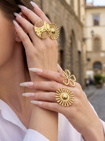 316L Stainless Steel 18K Gold PVD Floral Sunburst Adjustable Open Ring - Floral Sunburst Open Ring Wholesale Stainless Steel Jewelry - Sensitive Skin Friendly - Detail 10
