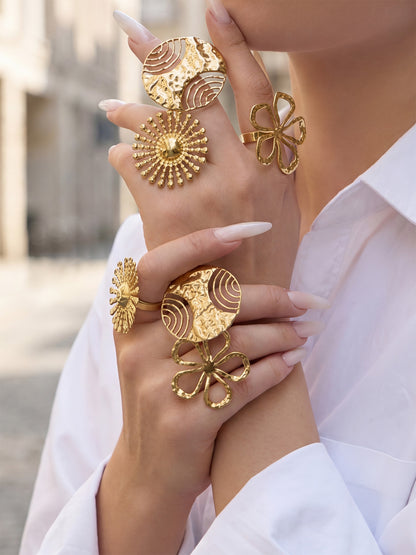 316L Stainless Steel 18K Gold PVD Floral Sunburst Adjustable Open Ring - Floral Sunburst Open Ring Wholesale Stainless Steel Jewelry - Sensitive Skin Friendly - Detail 15