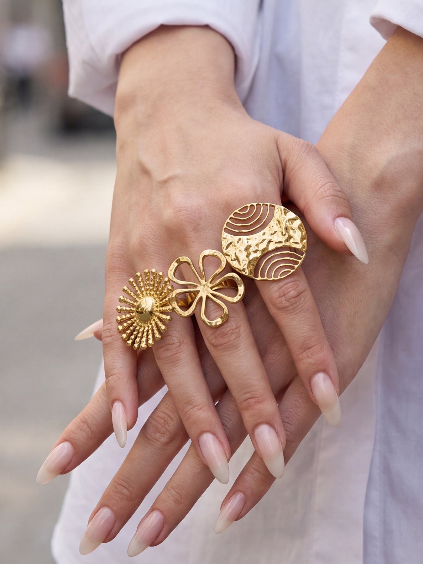 316L Stainless Steel 18K Gold PVD Floral Sunburst Adjustable Open Ring - Floral Sunburst Open Ring Wholesale Stainless Steel Jewelry - Sensitive Skin Friendly - Detail 16