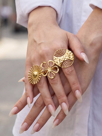 316L Stainless Steel 18K Gold PVD Floral Sunburst Adjustable Open Ring - Floral Sunburst Open Ring Wholesale Stainless Steel Jewelry - Sensitive Skin Friendly - Detail 16