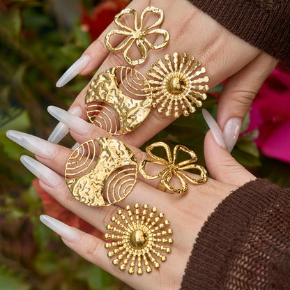 316L Stainless Steel 18K Gold PVD Floral Sunburst Adjustable Open Ring - Floral Sunburst Open Ring Wholesale Stainless Steel Jewelry - Sensitive Skin Friendly - Detail 18