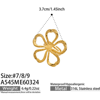 316L Stainless Steel 18K Gold PVD Floral Sunburst Adjustable Open Ring - Floral Sunburst Open Ring Wholesale Stainless Steel Jewelry - Sensitive Skin Friendly - Detail 20
