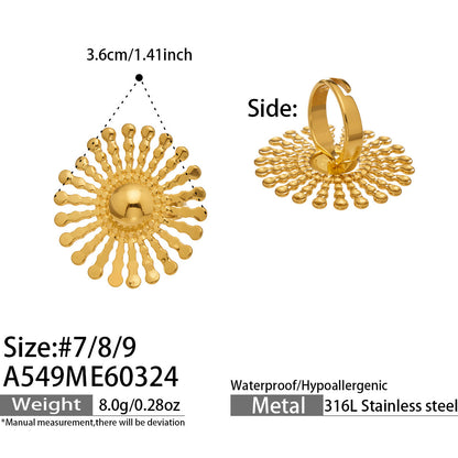 316L Stainless Steel 18K Gold PVD Floral Sunburst Adjustable Open Ring - Floral Sunburst Open Ring Wholesale Stainless Steel Jewelry - Sensitive Skin Friendly - Detail 22