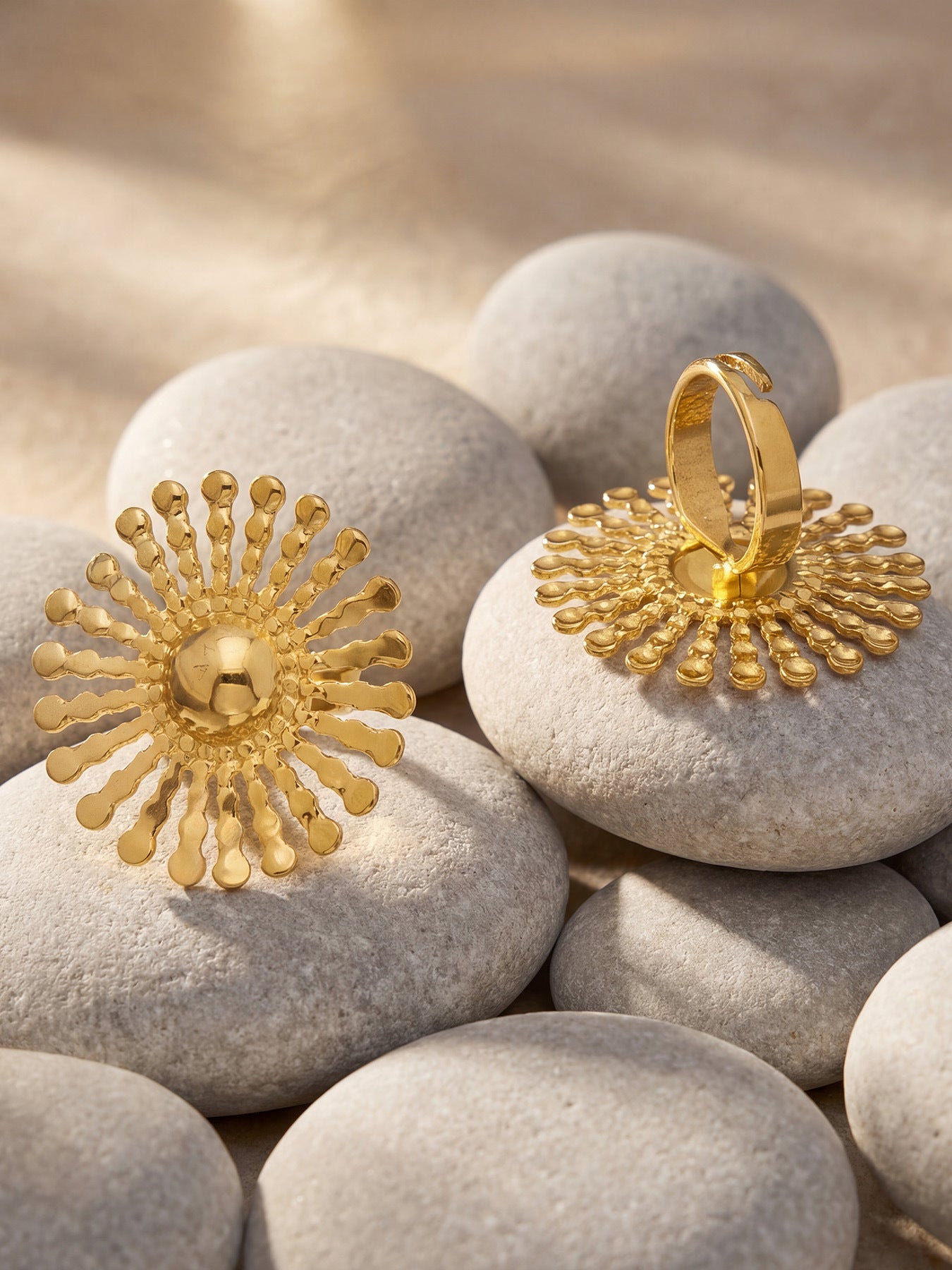 316L Stainless Steel 18K Gold PVD Floral Sunburst Adjustable Open Ring - Floral Sunburst Open Ring Wholesale Stainless Steel Jewelry - Sensitive Skin Friendly - Detail 3