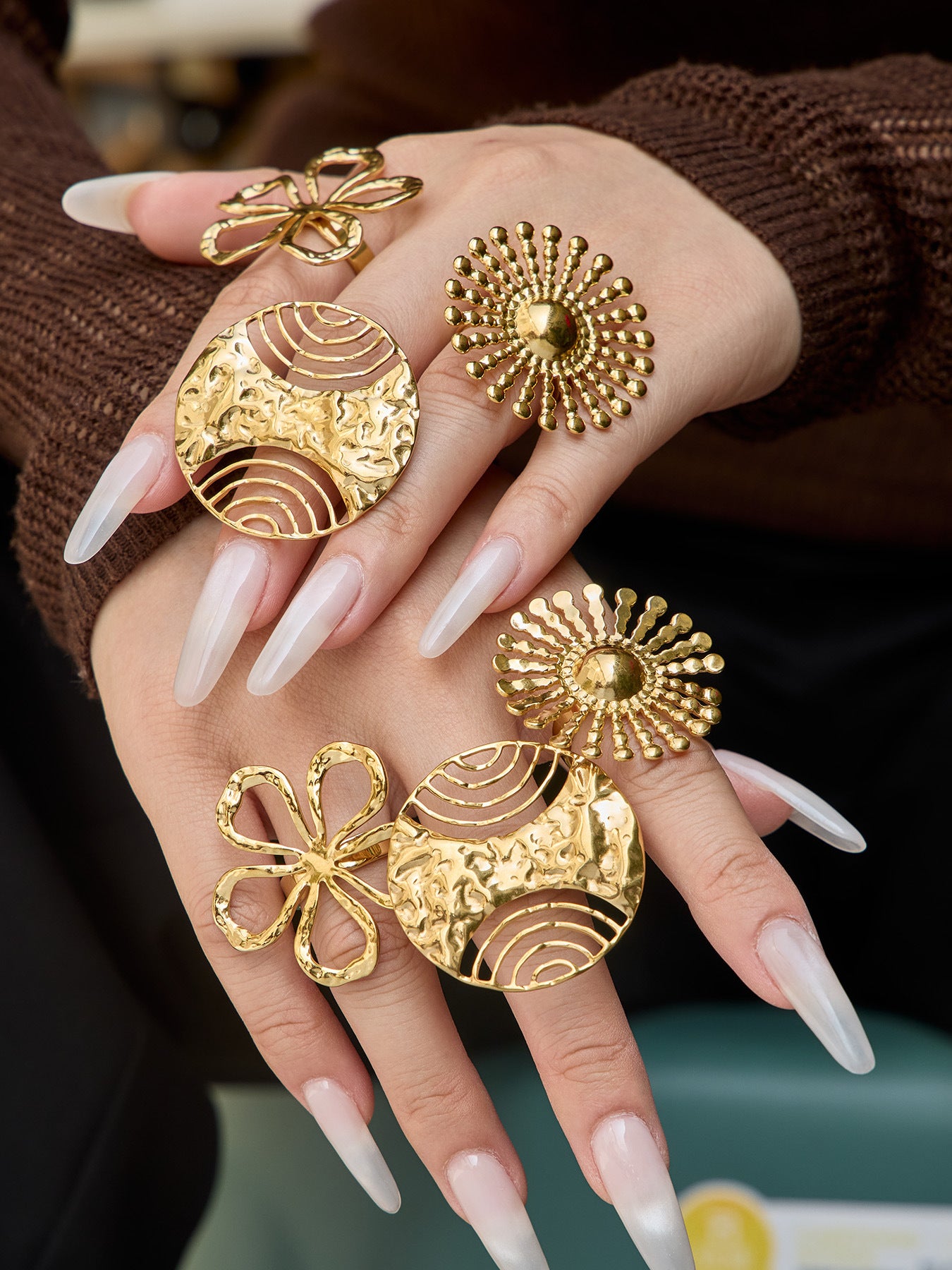 316L Stainless Steel 18K Gold PVD Floral Sunburst Adjustable Open Ring - Floral Sunburst Open Ring Wholesale Stainless Steel Jewelry - Sensitive Skin Friendly - Detail 4