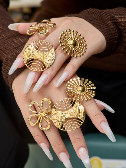316L Stainless Steel 18K Gold PVD Floral Sunburst Adjustable Open Ring - Floral Sunburst Open Ring Wholesale Stainless Steel Jewelry - Sensitive Skin Friendly - Detail 4