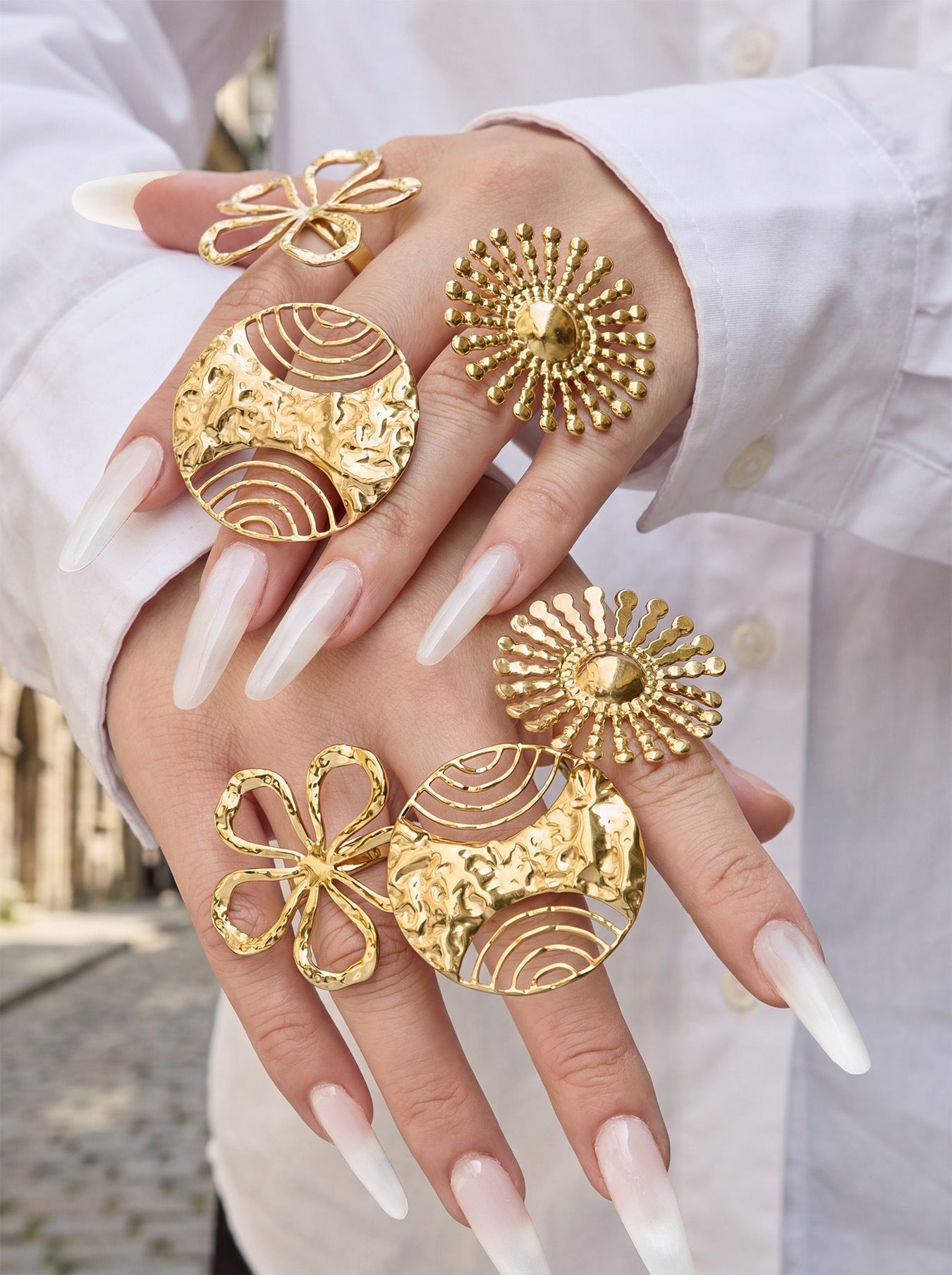 316L Stainless Steel 18K Gold PVD Floral Sunburst Adjustable Open Ring - Floral Sunburst Open Ring Wholesale Stainless Steel Jewelry - Sensitive Skin Friendly - Detail 8