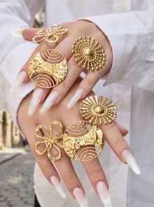 316L Stainless Steel 18K Gold PVD Floral Sunburst Adjustable Open Ring - Floral Sunburst Open Ring Wholesale Stainless Steel Jewelry - Sensitive Skin Friendly - Detail 8