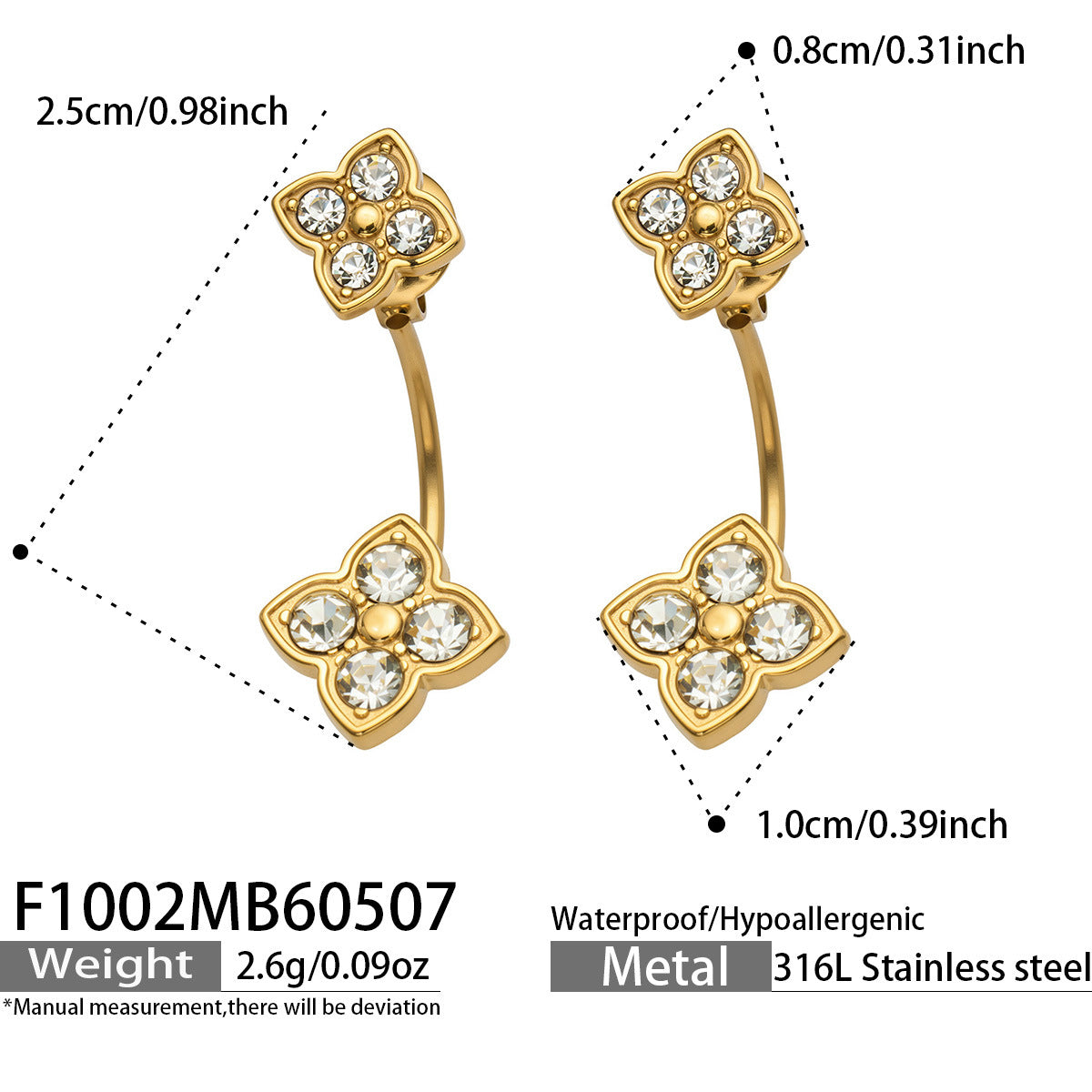 316L Stainless Steel 18K Gold PVD Flower Earrings - Diamond-studded Flower Lightweight Modern Wholesale Stainless Steel Jewelry - Sensitive Skin Friendly - Detail 10