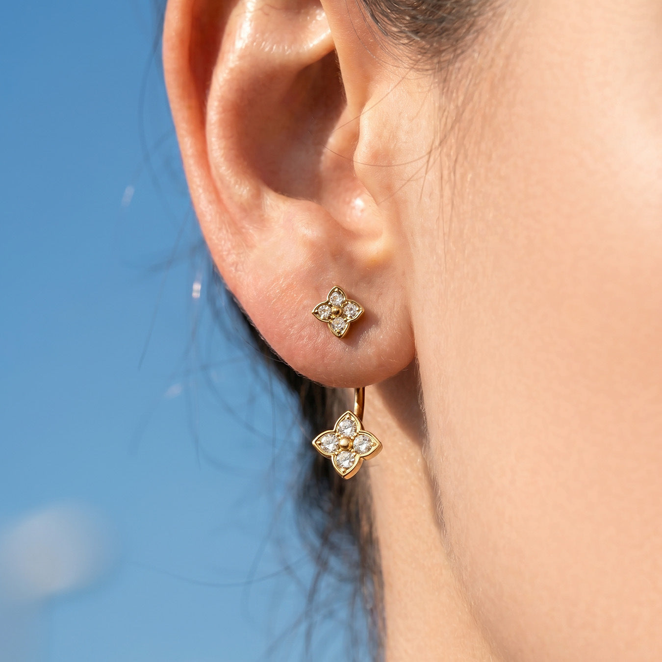 316L Stainless Steel 18K Gold PVD Flower Earrings - Diamond-studded Flower Lightweight Modern Wholesale Stainless Steel Jewelry - Sensitive Skin Friendly - Detail 11