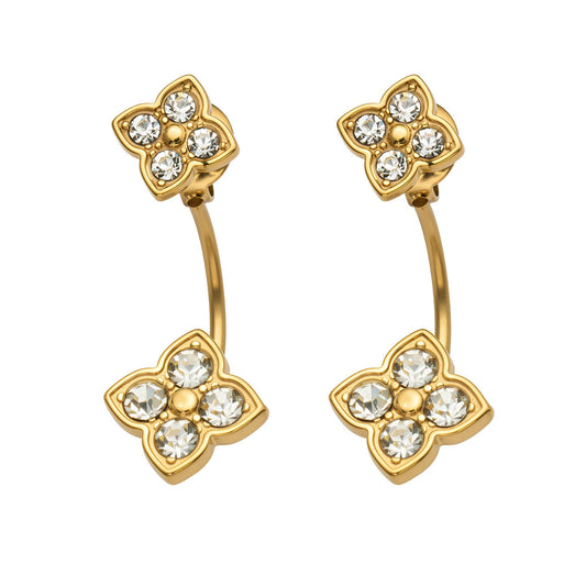 316L Stainless Steel 18K Gold PVD Flower Earrings - Diamond-studded Flower Lightweight Modern Wholesale Stainless Steel Jewelry - Sensitive Skin Friendly - Detail 2