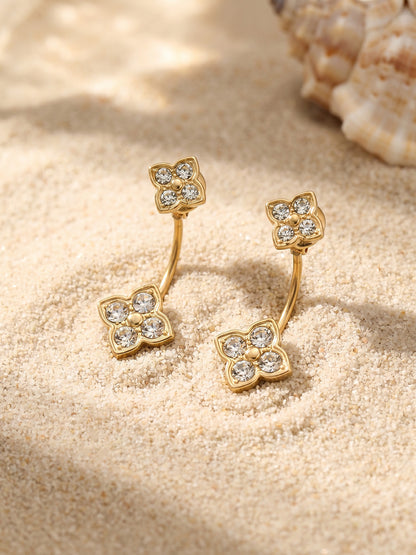 316L Stainless Steel 18K Gold PVD Flower Earrings - Diamond-studded Flower Lightweight Modern Wholesale Stainless Steel Jewelry - Sensitive Skin Friendly - Detail 6