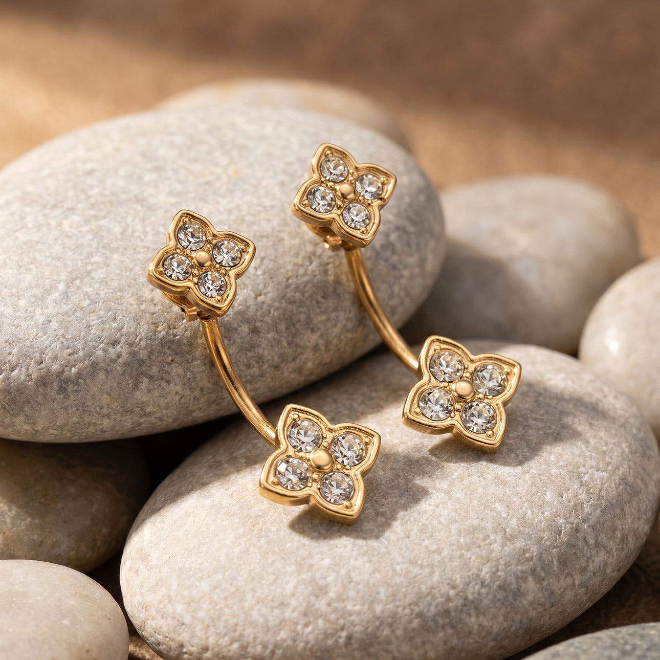 316L Stainless Steel 18K Gold PVD Flower Earrings - Diamond-studded Flower Lightweight Modern Wholesale Stainless Steel Jewelry - Sensitive Skin Friendly - Detail 7