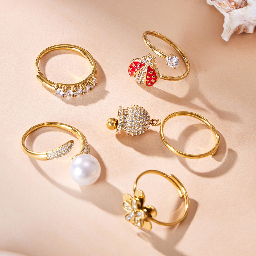 316L Stainless Steel 18K Gold PVD Flower Geometric Ring Set - Flower Geometric Design, 18K Gold Plated Ring, Modern Elegance Wholesale Stainless Steel Jewelry - Sensitive Skin Friendly - Detail 3