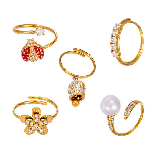 316L Stainless Steel 18K Gold PVD Flower Geometric Ring Set - Flower Geometric Design, 18K Gold Plated Ring, Modern Elegance Wholesale Stainless Steel Jewelry - Sensitive Skin Friendly - Detail 4