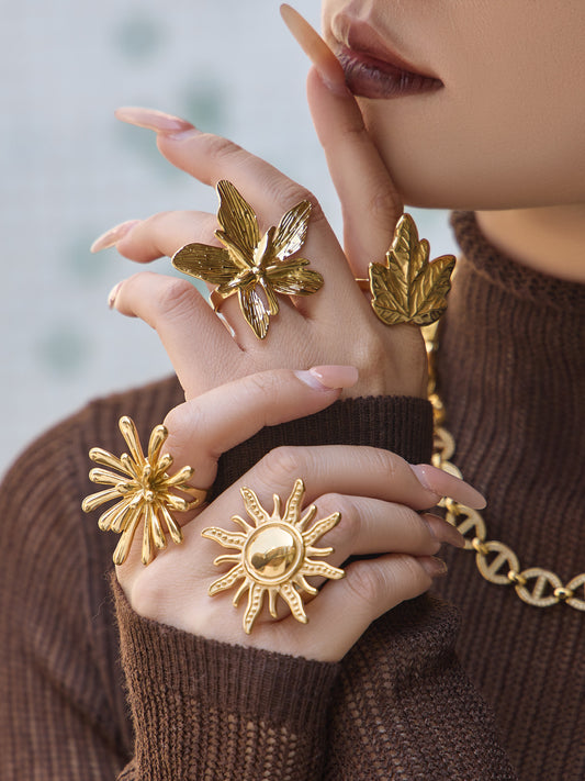 Model wearing Vintage 18K Gold PVD Sun Ring made of 316L Stainless Steel - Tarnish-free Boutique Jewelry