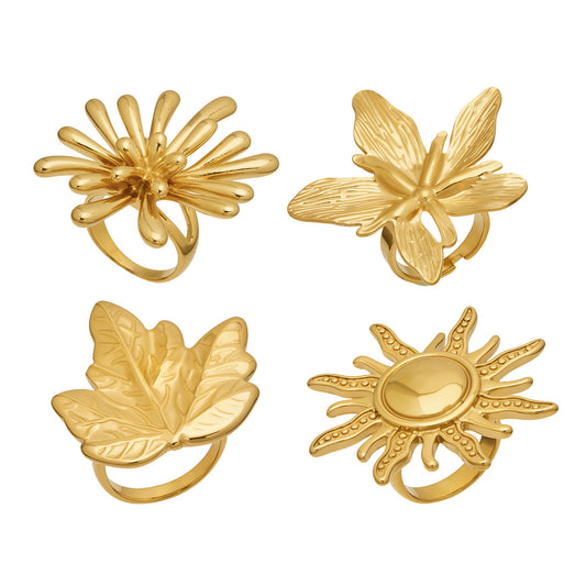 316L Stainless Steel 18K Gold PVD Chunky Rings Collection with Flower Sun and Leaf Motifs for Wholesale - MiduoduoJewelry