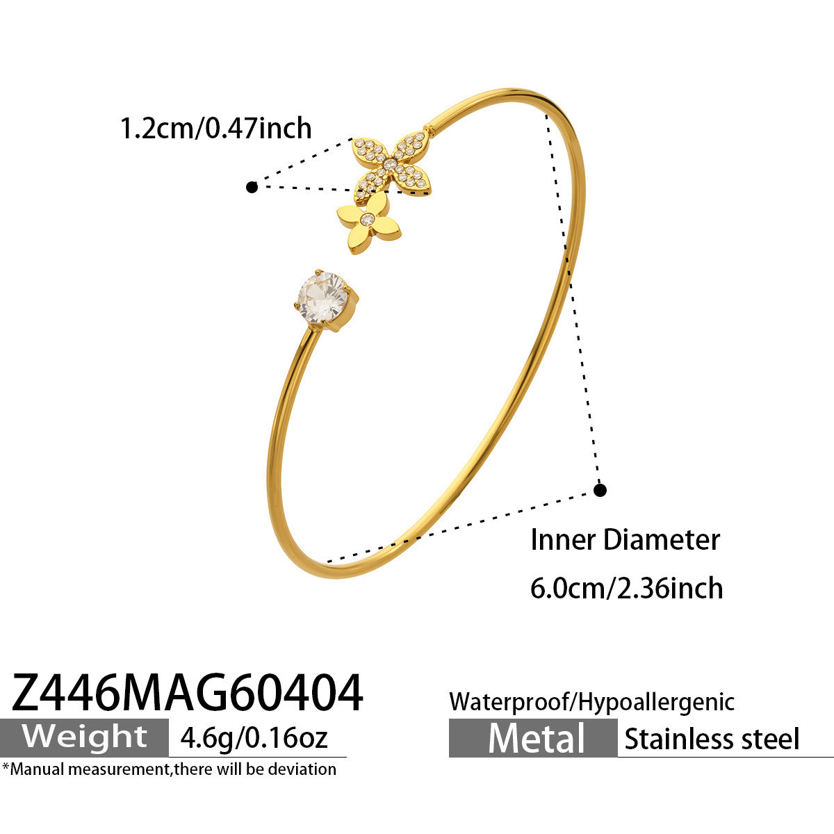 316L Stainless Steel 18K Gold PVD Flower Zircon Open Bangle - Flower Design, Zircon, Open Cuff, Thin Bangle, Light Luxury Wholesale Stainless Steel Jewelry - Sensitive Skin Friendly - Detail 1