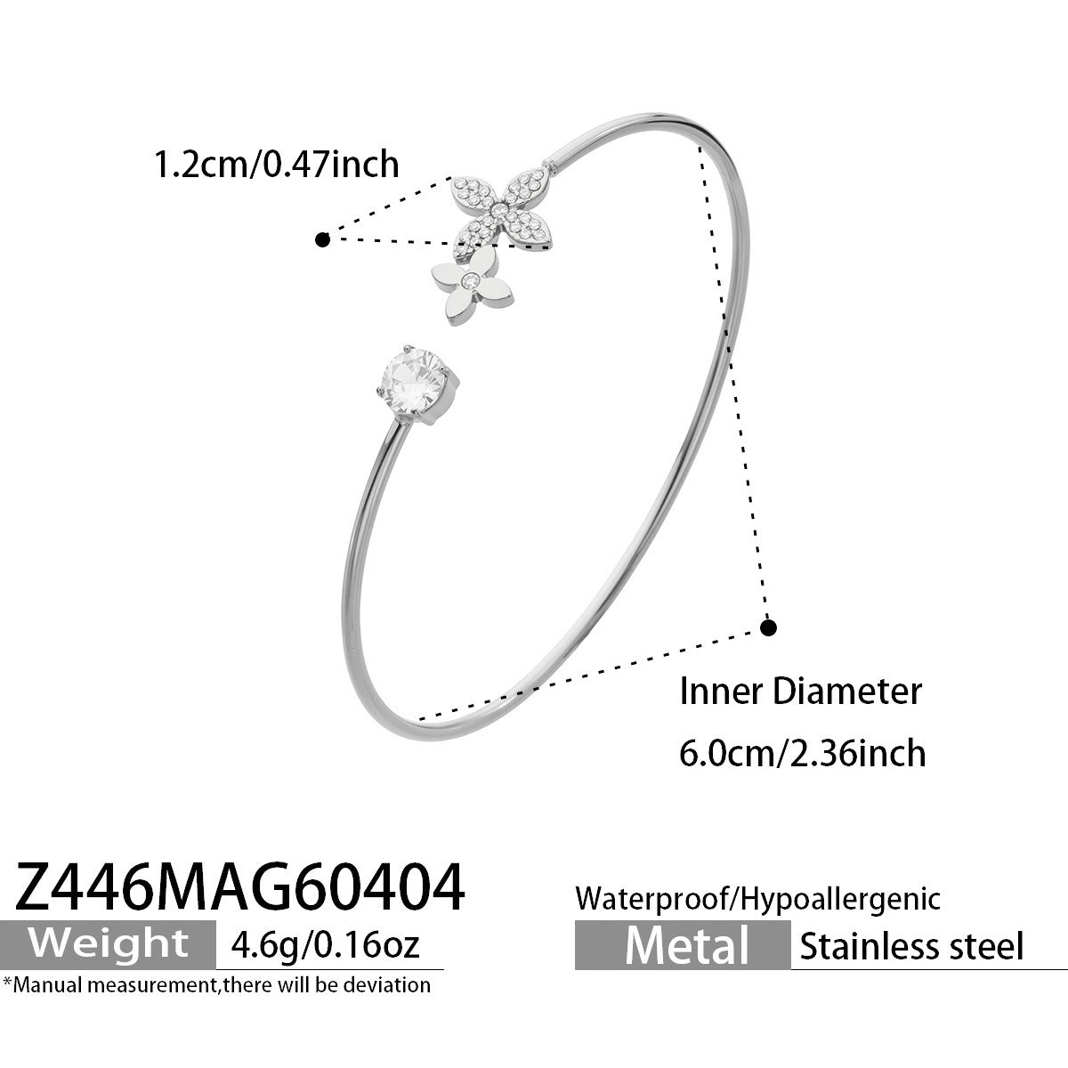 316L Stainless Steel 18K Gold PVD Flower Zircon Open Bangle - Flower Design, Zircon, Open Cuff, Thin Bangle, Light Luxury Wholesale Stainless Steel Jewelry - Sensitive Skin Friendly - Detail 10