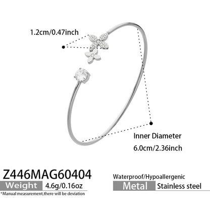 316L Stainless Steel 18K Gold PVD Flower Zircon Open Bangle - Flower Design, Zircon, Open Cuff, Thin Bangle, Light Luxury Wholesale Stainless Steel Jewelry - Sensitive Skin Friendly - Detail 10