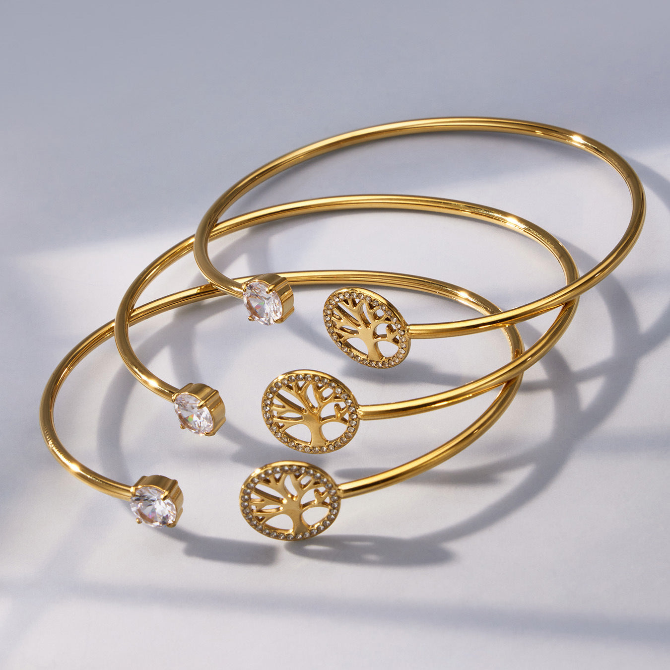 316L Stainless Steel 18K Gold PVD Flower Zircon Open Bangle - Flower Design, Zircon, Open Cuff, Thin Bangle, Light Luxury Wholesale Stainless Steel Jewelry - Sensitive Skin Friendly - Detail 2