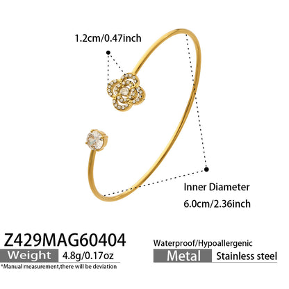 316L Stainless Steel 18K Gold PVD Flower Zircon Open Bangle - Flower Design, Zircon, Open Cuff, Thin Bangle, Light Luxury Wholesale Stainless Steel Jewelry - Sensitive Skin Friendly - Detail 3