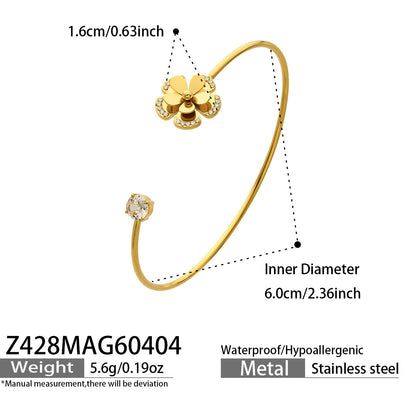 316L Stainless Steel 18K Gold PVD Flower Zircon Open Bangle - Flower Design, Zircon, Open Cuff, Thin Bangle, Light Luxury Wholesale Stainless Steel Jewelry - Sensitive Skin Friendly - Detail 5