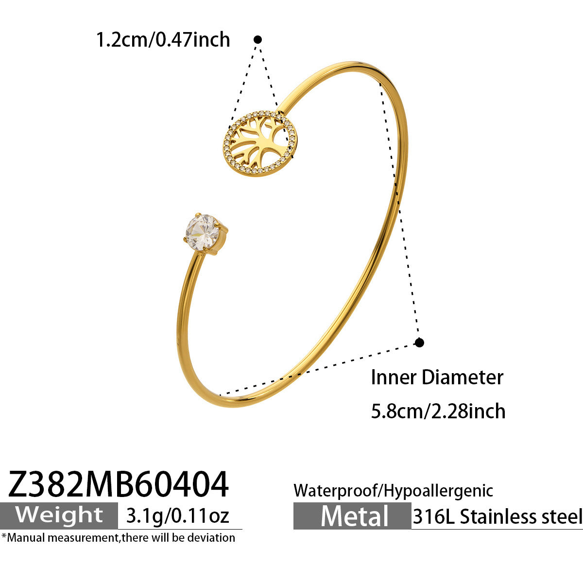 316L Stainless Steel 18K Gold PVD Flower Zircon Open Bangle - Flower Design, Zircon, Open Cuff, Thin Bangle, Light Luxury Wholesale Stainless Steel Jewelry - Sensitive Skin Friendly - Detail 6