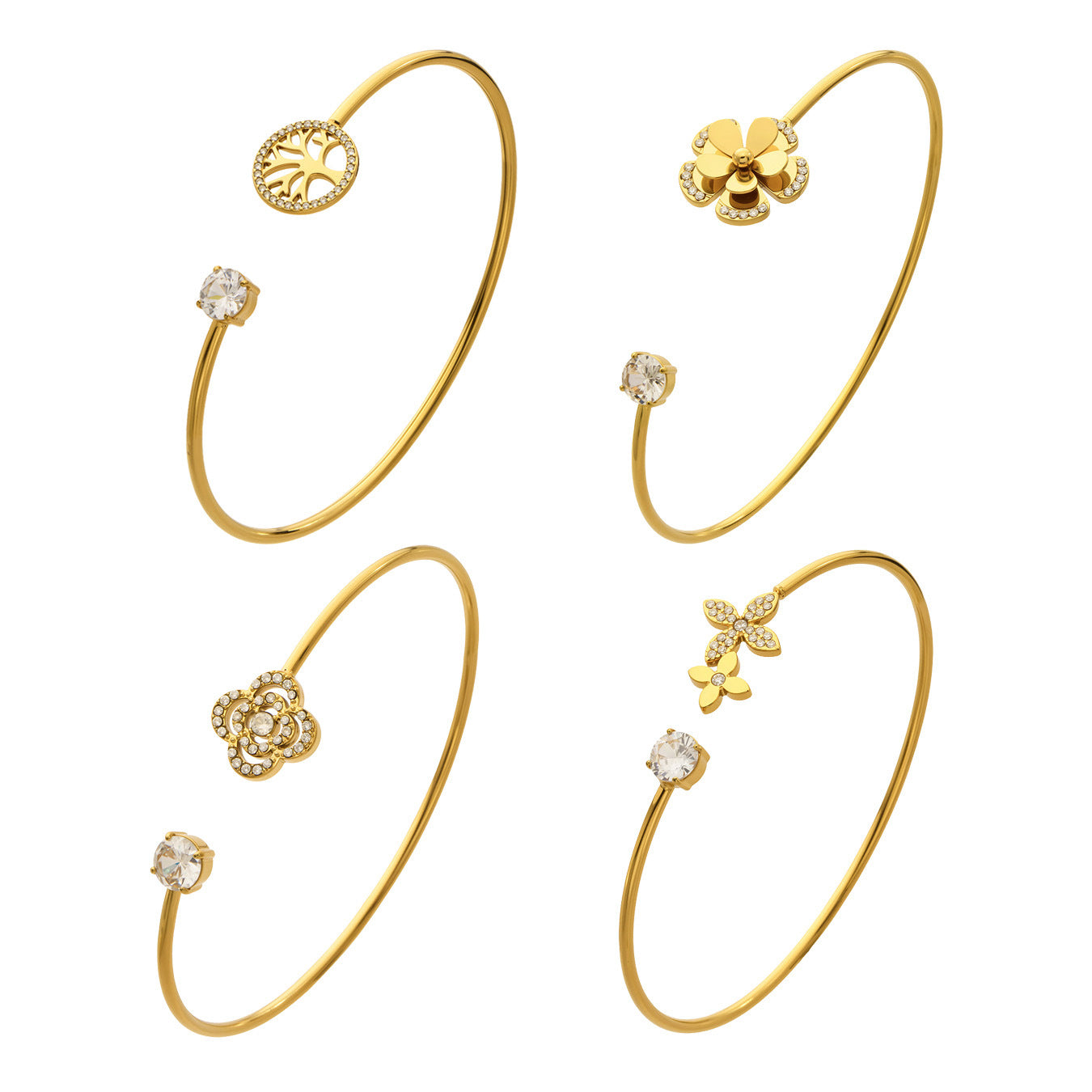 316L Stainless Steel 18K Gold PVD Flower Zircon Open Bangle - Flower Design, Zircon, Open Cuff, Thin Bangle, Light Luxury Wholesale Stainless Steel Jewelry - Sensitive Skin Friendly - Detail 9