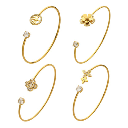 316L Stainless Steel 18K Gold PVD Flower Zircon Open Bangle - Flower Design, Zircon, Open Cuff, Thin Bangle, Light Luxury Wholesale Stainless Steel Jewelry - Sensitive Skin Friendly - Detail 9