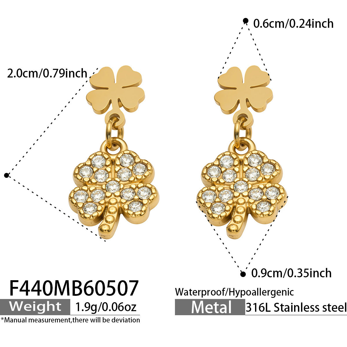 316L Stainless Steel 18K Gold PVD Four-leaf Clover Earrings - Four-leaf Clover Minimalist Modern Lightweight Wholesale Stainless Steel Jewelry - Sensitive Skin Friendly - Detail 3