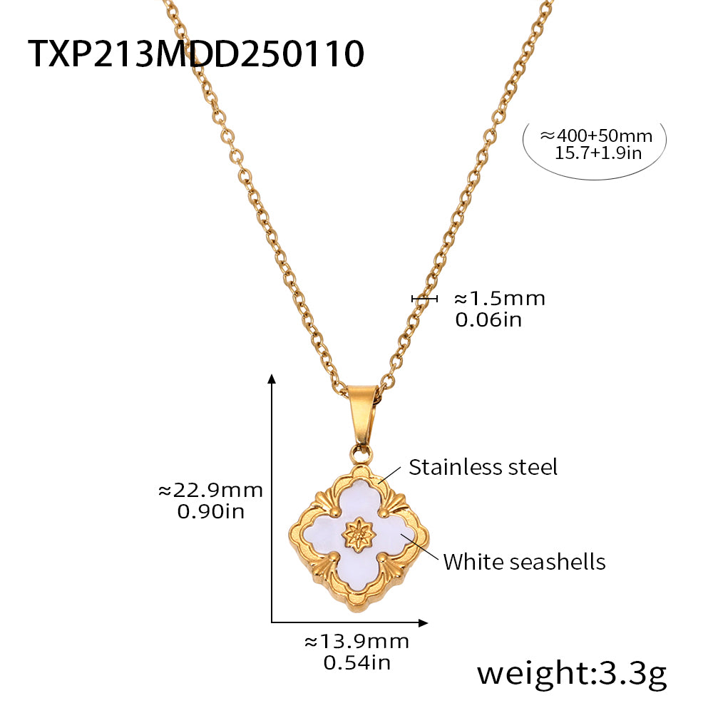 316L Stainless Steel 18K Gold PVD Four-Leaf Clover Flower Jewelry - Four-Leaf Clover Flower Gold Acrylic Mother of Pearl Wholesale Stainless Steel Jewelry - Sensitive Skin Friendly - Detail 16