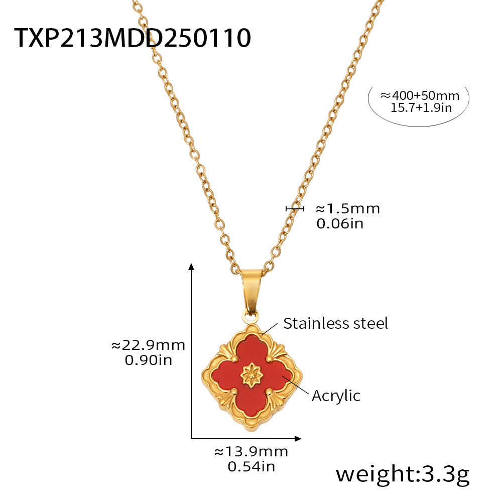 316L Stainless Steel 18K Gold PVD Four-Leaf Clover Flower Jewelry - Four-Leaf Clover Flower Gold Acrylic Mother of Pearl Wholesale Stainless Steel Jewelry - Sensitive Skin Friendly - Detail 18