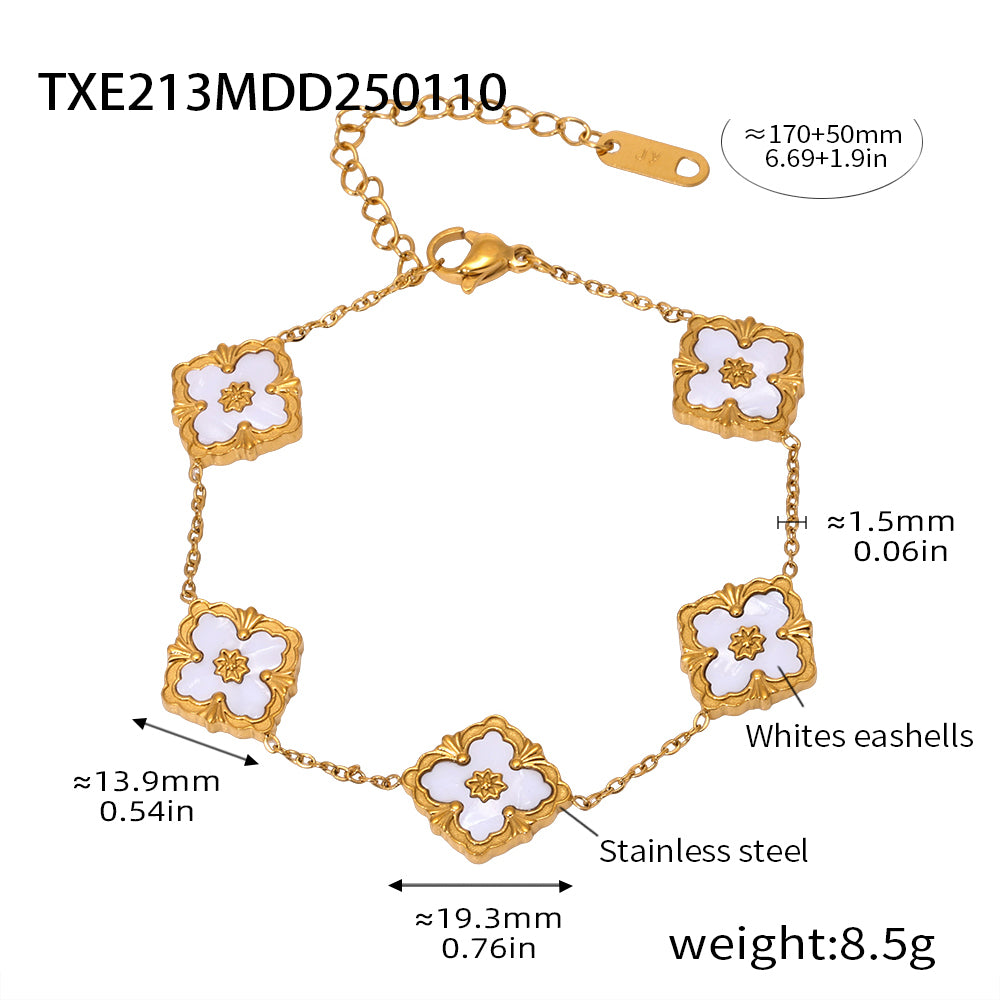 316L Stainless Steel 18K Gold PVD Four-Leaf Clover Flower Jewelry - Four-Leaf Clover Flower Gold Acrylic Mother of Pearl Wholesale Stainless Steel Jewelry - Sensitive Skin Friendly - Detail 8