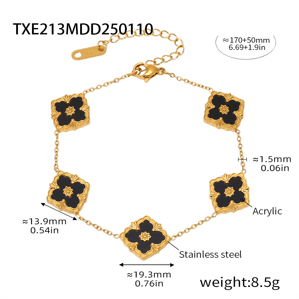 316L Stainless Steel 18K Gold PVD Four-Leaf Clover Flower Jewelry - Four-Leaf Clover Flower Gold Acrylic Mother of Pearl Wholesale Stainless Steel Jewelry - Sensitive Skin Friendly - Detail 9