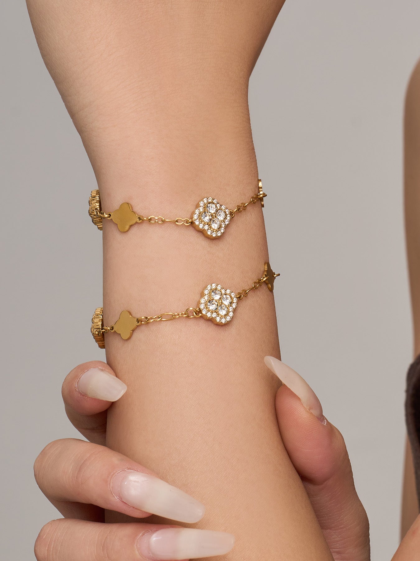 316L Stainless Steel 18K Gold PVD Four-Leaf Clover Flower Zircon Necklace Bracelet - Four-Leaf Clover Flower Zircon Wholesale Stainless Steel Jewelry - Sensitive Skin Friendly - Detail 10