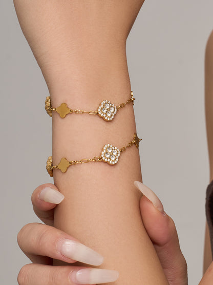 316L Stainless Steel 18K Gold PVD Four-Leaf Clover Flower Zircon Necklace Bracelet - Four-Leaf Clover Flower Zircon Wholesale Stainless Steel Jewelry - Sensitive Skin Friendly - Detail 10