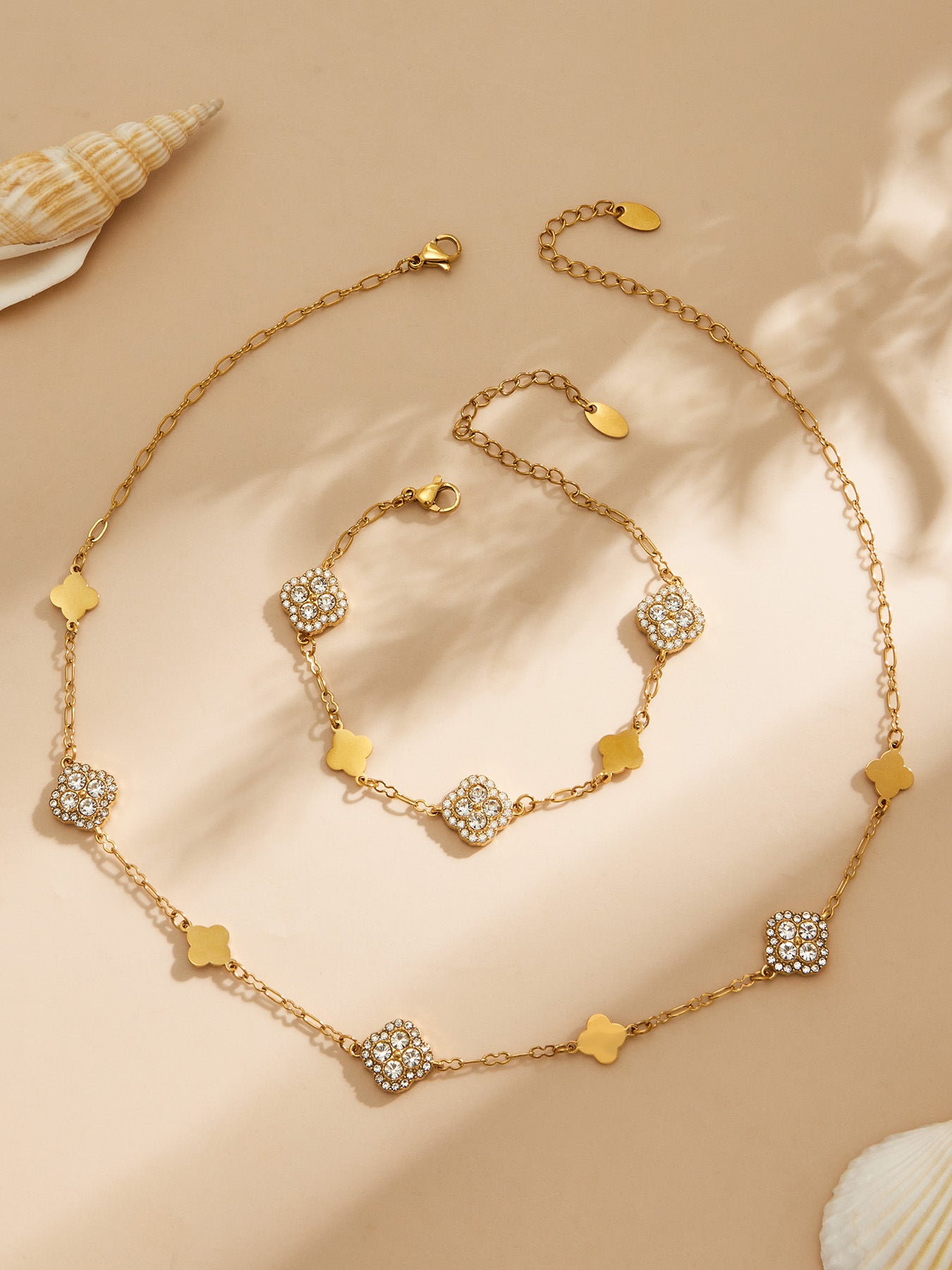 316L Stainless Steel 18K Gold PVD Four-Leaf Clover Flower Zircon Necklace Bracelet - Four-Leaf Clover Flower Zircon Wholesale Stainless Steel Jewelry - Sensitive Skin Friendly - Detail 11