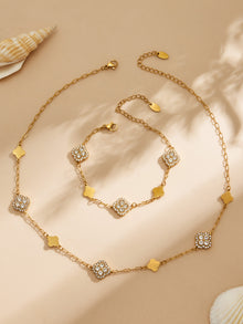 316L Stainless Steel 18K Gold PVD Four-Leaf Clover Flower Zircon Necklace Bracelet - Four-Leaf Clover Flower Zircon Wholesale Stainless Steel Jewelry - Sensitive Skin Friendly - Detail 11